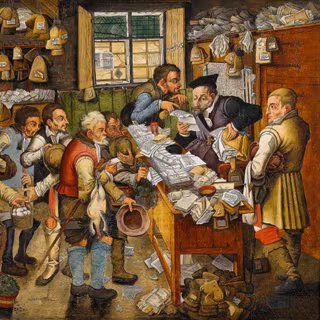 Tableau de Pieter Brueghel le jeune (ou son atelier), daté de 1617 environ : le paiement de l'impôt au village. © Photographie Bonhams, domaine public.